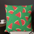 Vibrant watermelon pattern pillow with green background and red watermelon slices