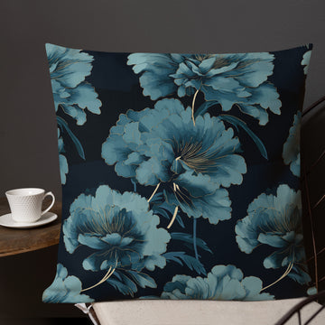 Premium pillow featuring a blue floral design on a dark background, perfect for home decor.