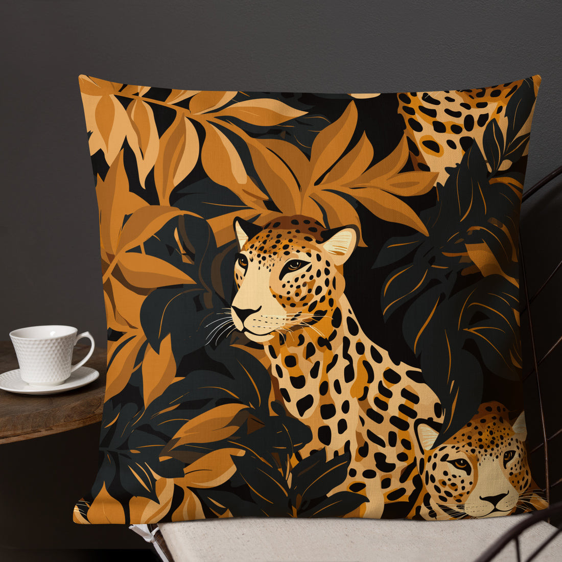 Luxurious leopard print throw pillow featuring bold leopard patterns and lush foliage in warm colors.