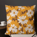 Vibrant floral premium pillow with white flowers on a yellow background, perfect for home decor.