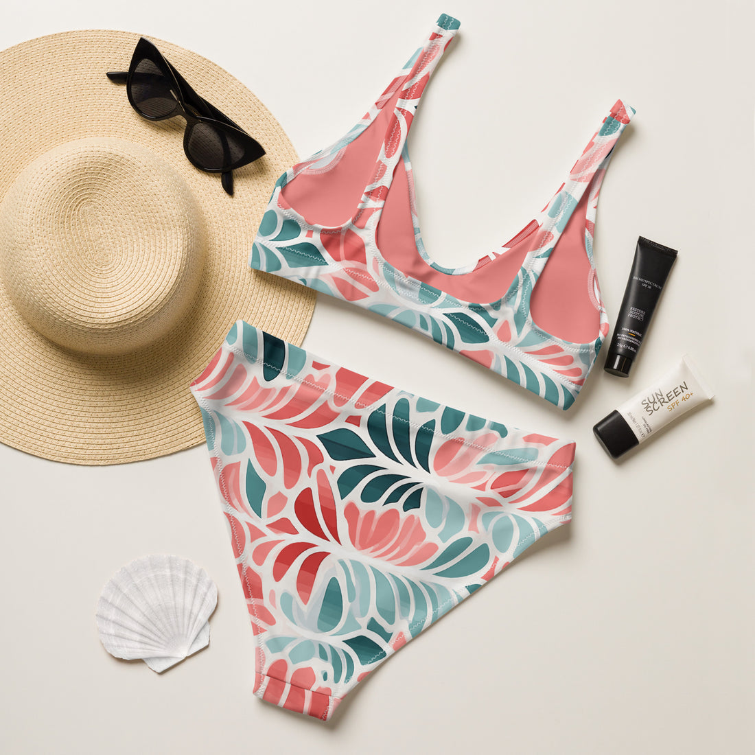 Floral high-waisted bikini set featuring vibrant colors and comfortable design.