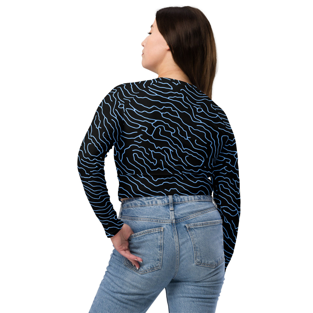 Black long-sleeve crop top with blue wavy pattern, showcasing a modern and trendy design.