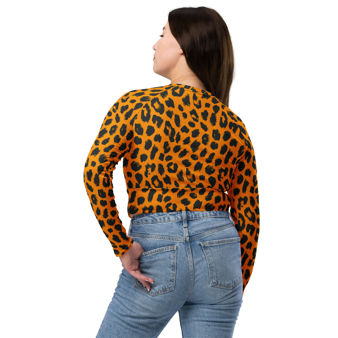 Eco-friendly leopard print long-sleeve crop top in orange and black design.