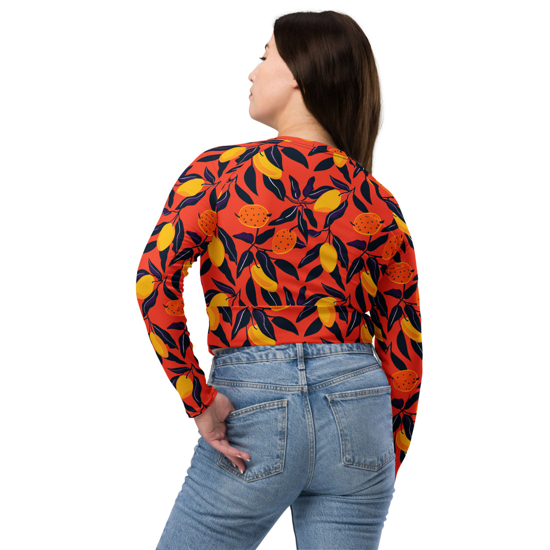 Eco-friendly long-sleeve crop top featuring vibrant floral design in red, yellow, and orange hues.