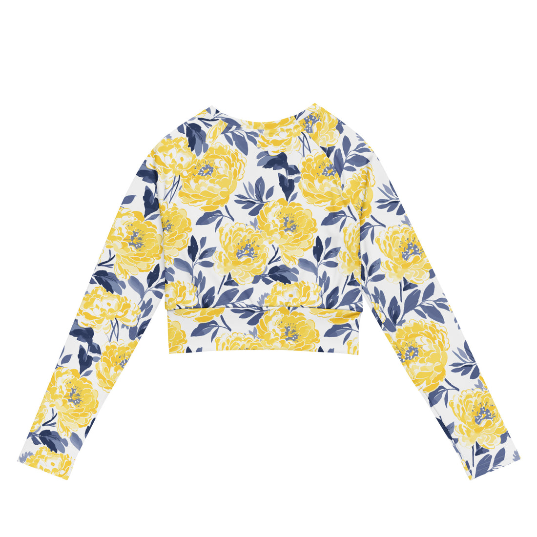 Floral yellow peony print long-sleeve crop top with blue leaves, eco-friendly design