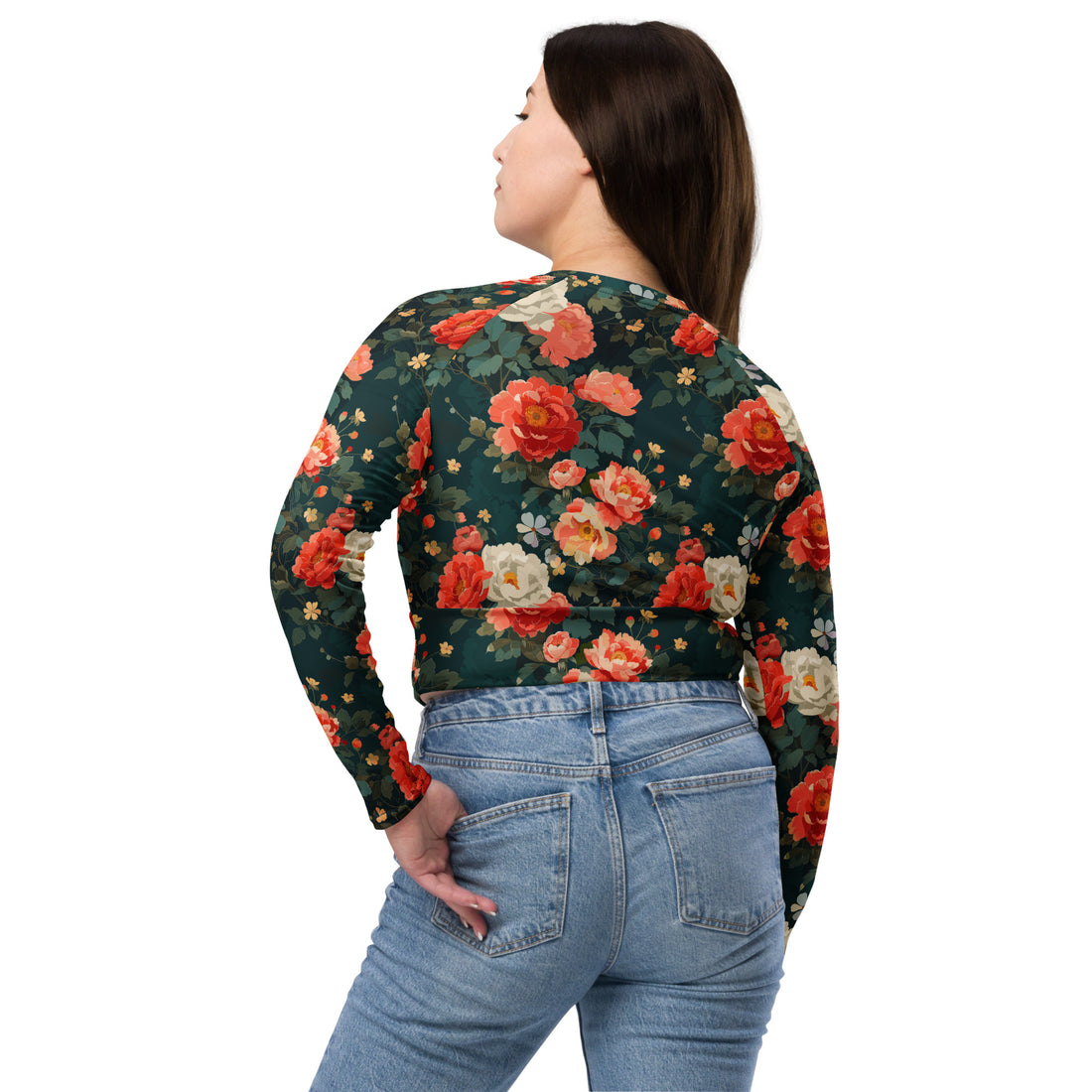 Floral crop top with red and cream roses on a deep green background, eco-friendly design.