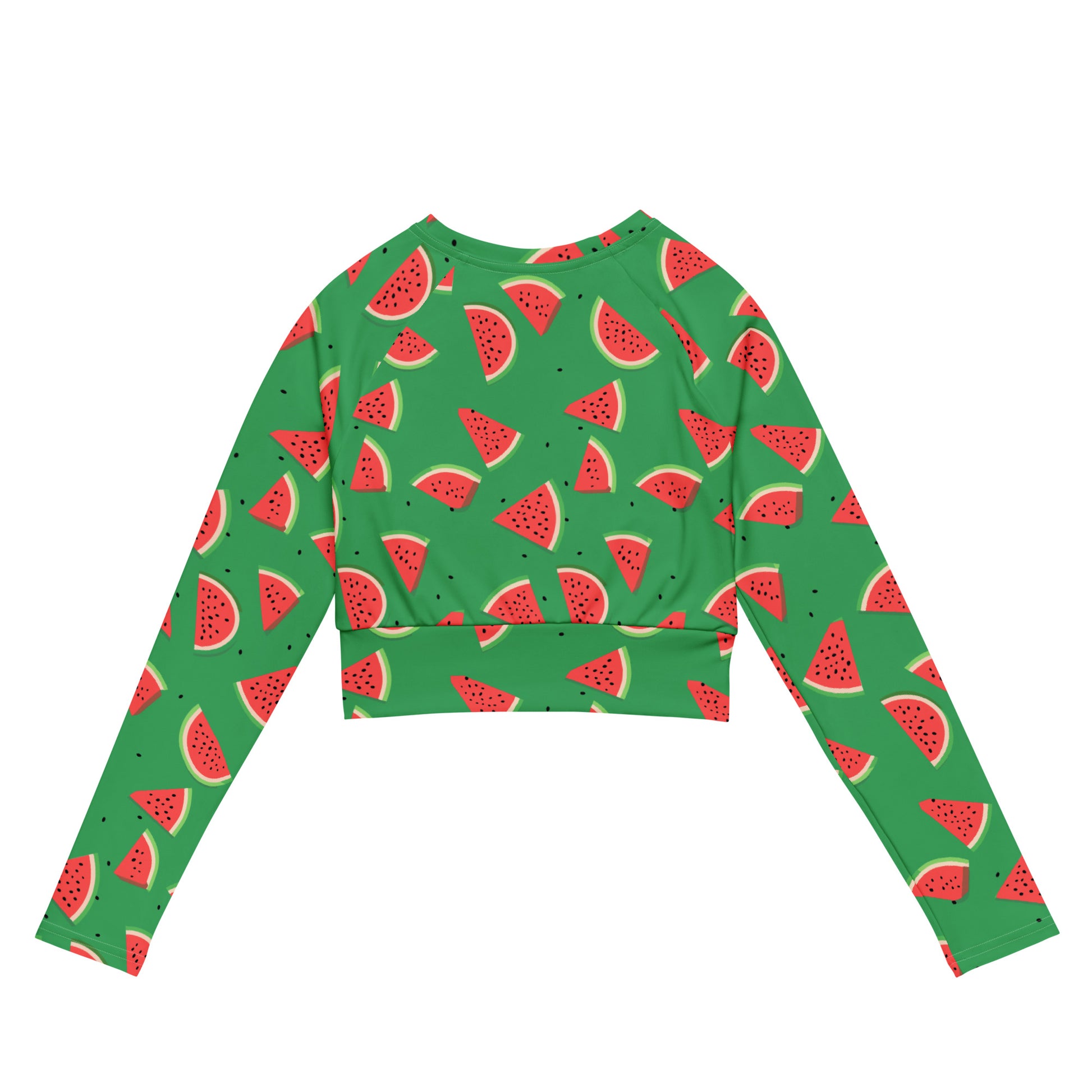 Eco-friendly crop top with vibrant watermelon print, long sleeves, and double-layered waistline band.