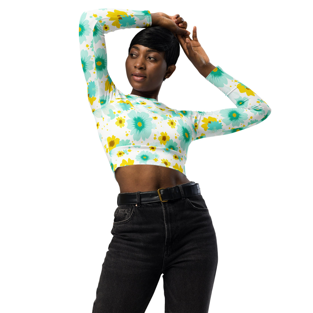 Eco-friendly long-sleeve crop top with floral print, featuring a comfortable fit and stylish design.