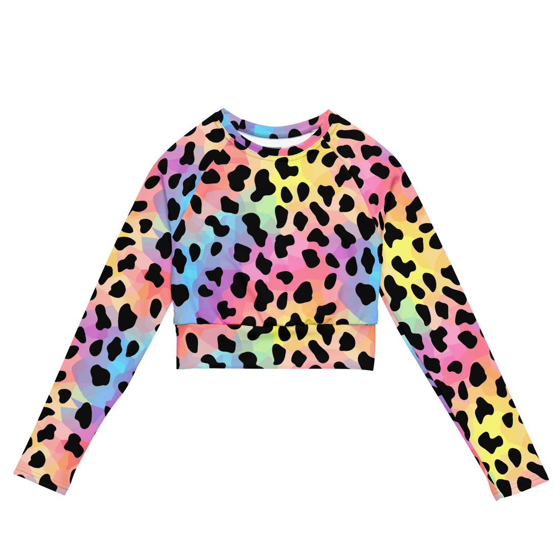 Colorful leopard print long-sleeve crop top on woman, stylish and trendy.