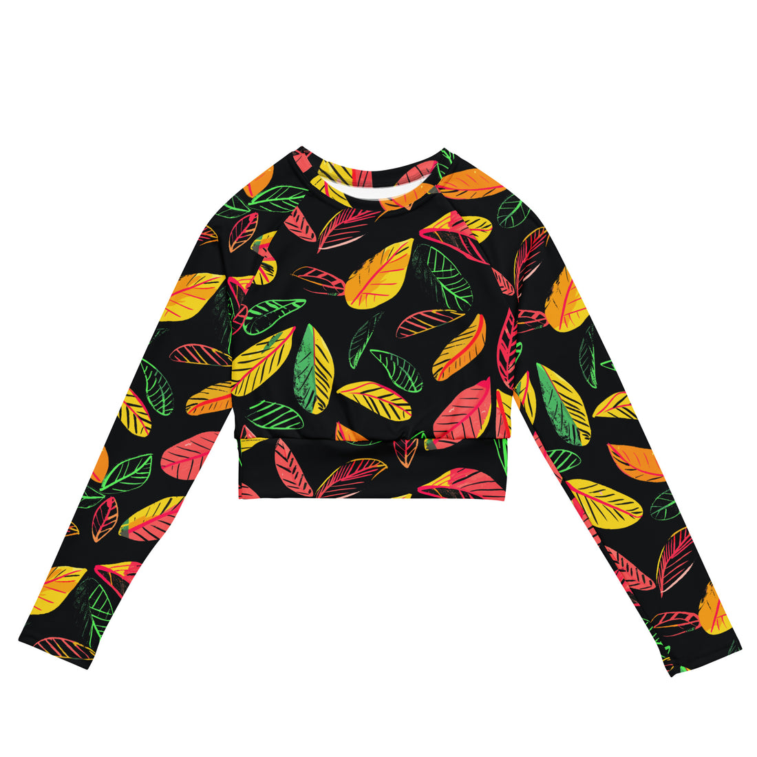 Eco-friendly long-sleeve cropped top featuring vibrant leaf print on a black background, ideal for athleisure and sports.