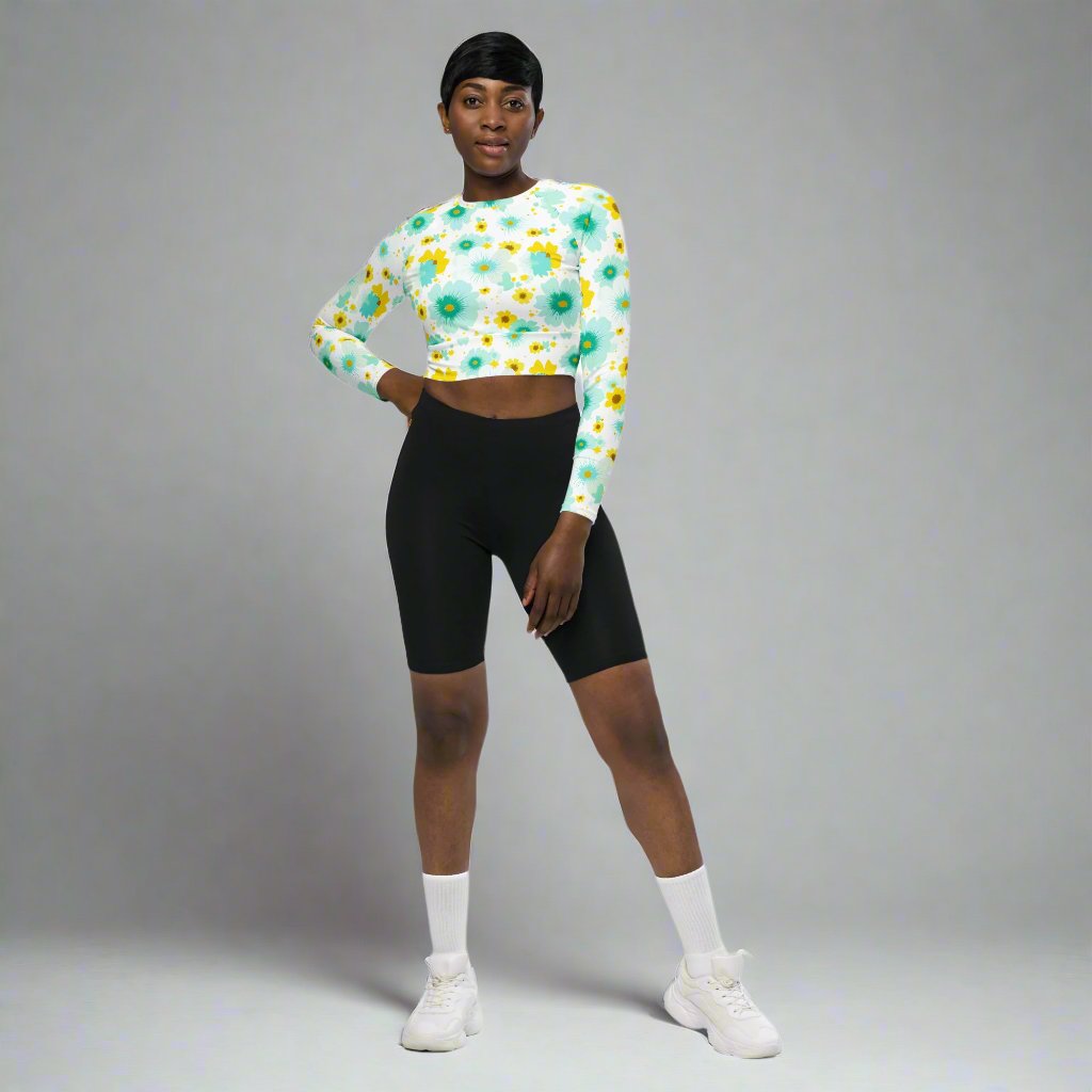 Eco-friendly long-sleeve crop top with floral print, featuring a comfortable fit and stylish design.