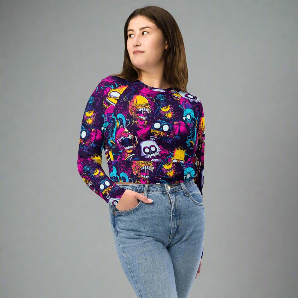 Halloween-themed long-sleeve crop top with colorful spooky graphics