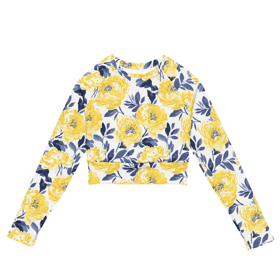 Floral yellow peony print long-sleeve crop top with blue leaves, eco-friendly design