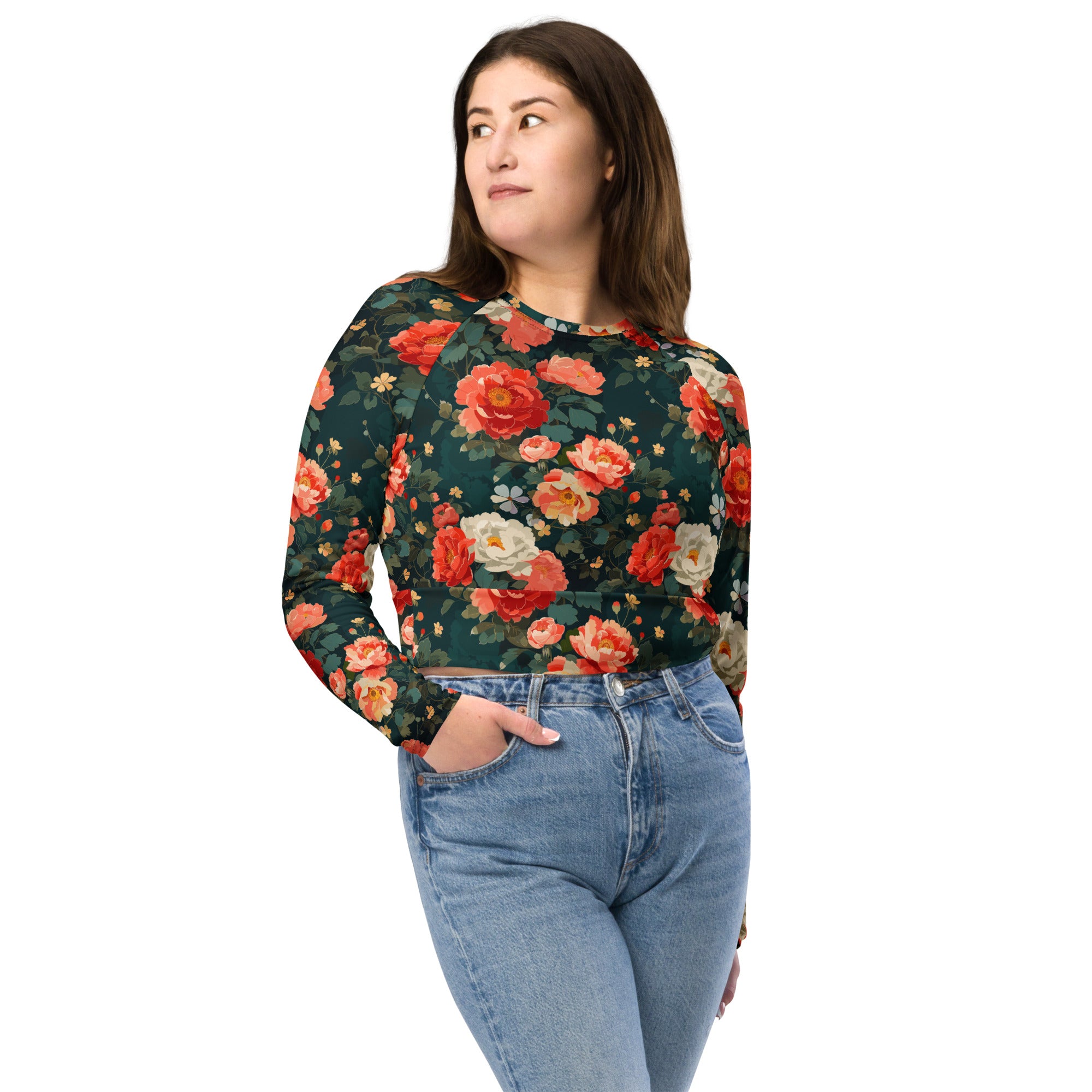 Floral crop top with red and cream roses on a deep green background, eco-friendly design.