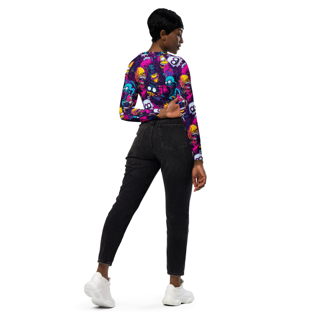 Halloween-themed long-sleeve crop top with colorful spooky graphics