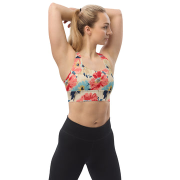 Eco-friendly sports bra with vibrant floral design featuring red, beige, and blue hues, perfect for winter and holiday fashion.