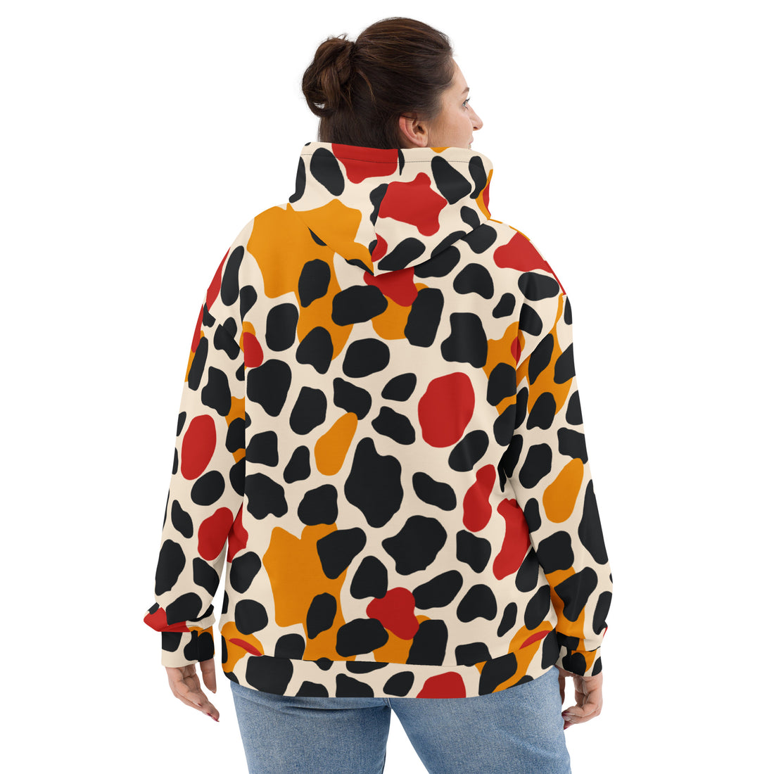 Vibrant animal print unisex hoodie featuring colorful spots on a cream background.