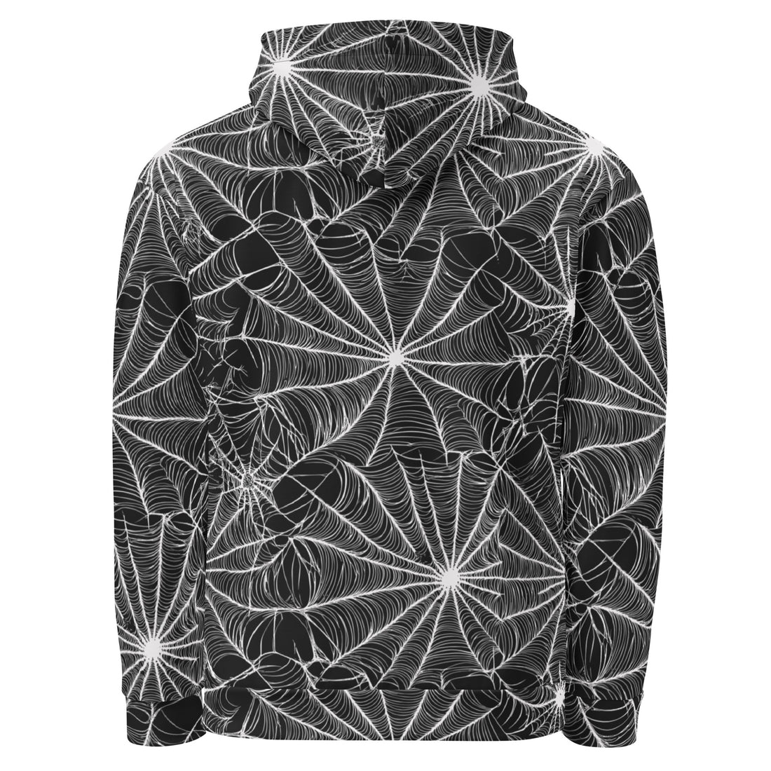 Black hoodie with spiderweb print, perfect for Halloween.