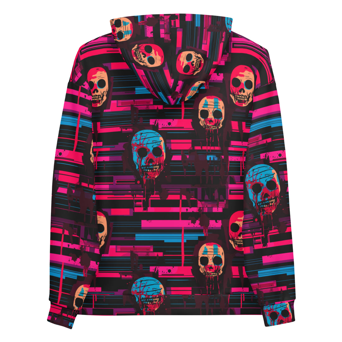 Bold skull print hoodie featuring vibrant skulls on black fabric.