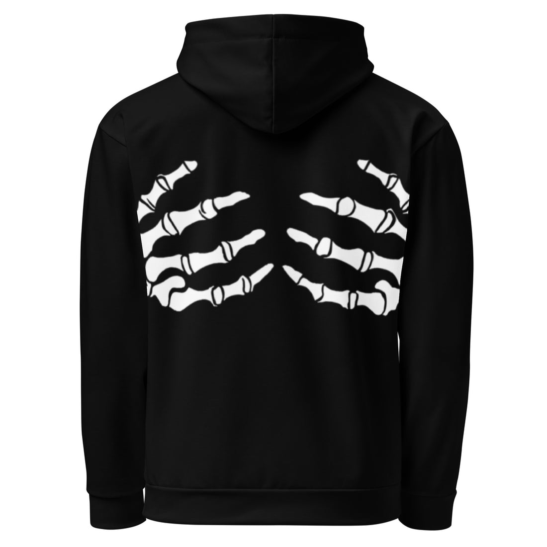 Black hoodie with white skeleton hands print, perfect for Halloween.