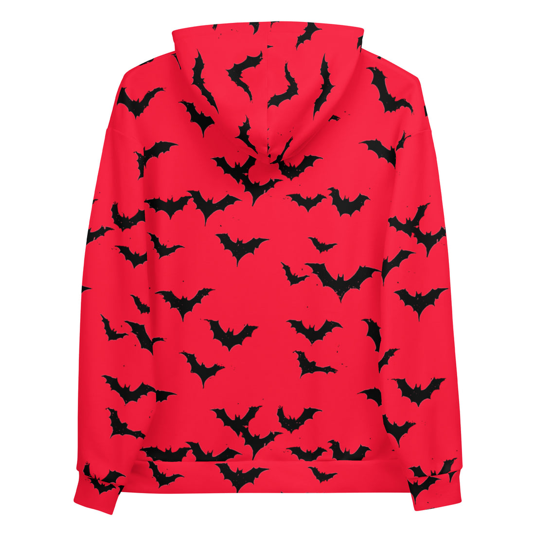 Vibrant red hoodie with black bat print, designed for women, featuring a cozy fit for Halloween.