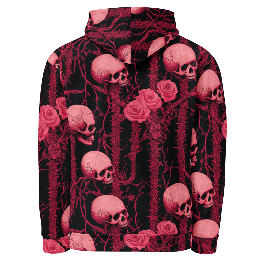 Gothic floral skull hoodie featuring pink skulls and roses on a black background, perfect for Halloween.