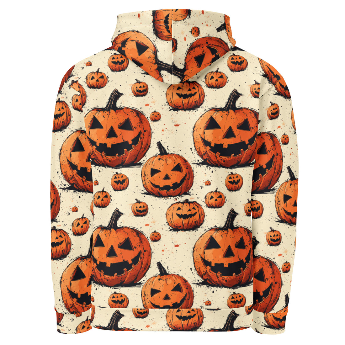 Halloween themed women's hoodie with vibrant pumpkin prints, soft fabric, and cozy fleece inside.