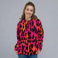 Vibrant leopard print unisex hoodie in pink, orange, and black with a relaxed fit.