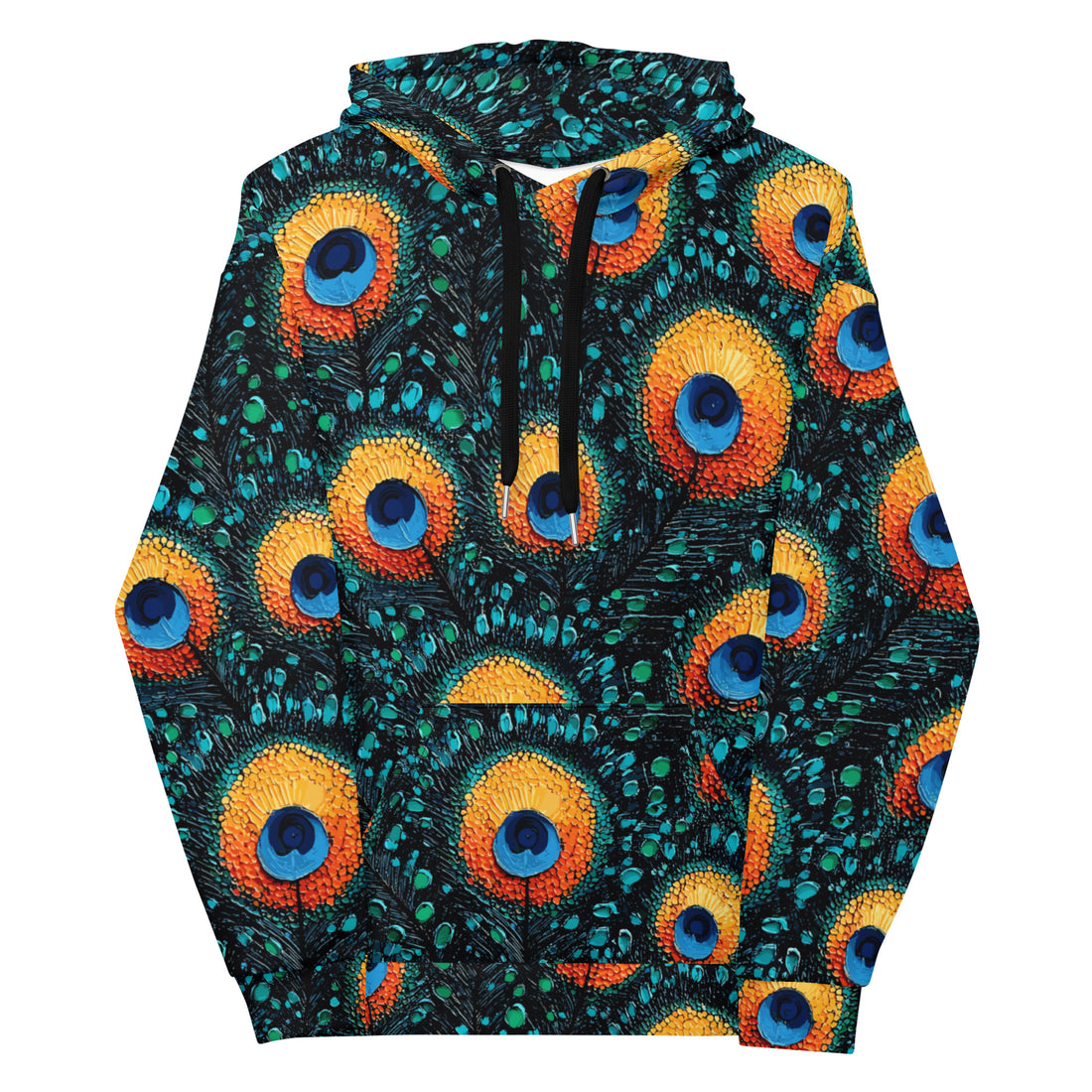 Vibrant peacock print unisex hoodie on a model, showcasing colorful patterns against a black background.