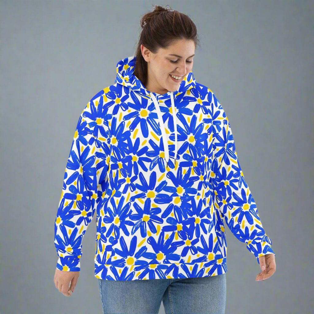 Vibrant Blue Floral Unisex Hoodie with Yellow Daisies on White Background