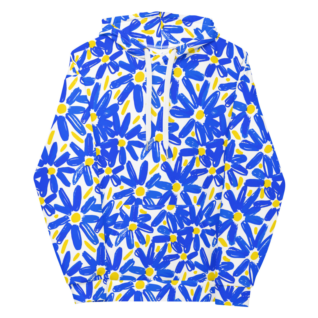 Vibrant Blue Floral Unisex Hoodie with Yellow Daisies on White Background