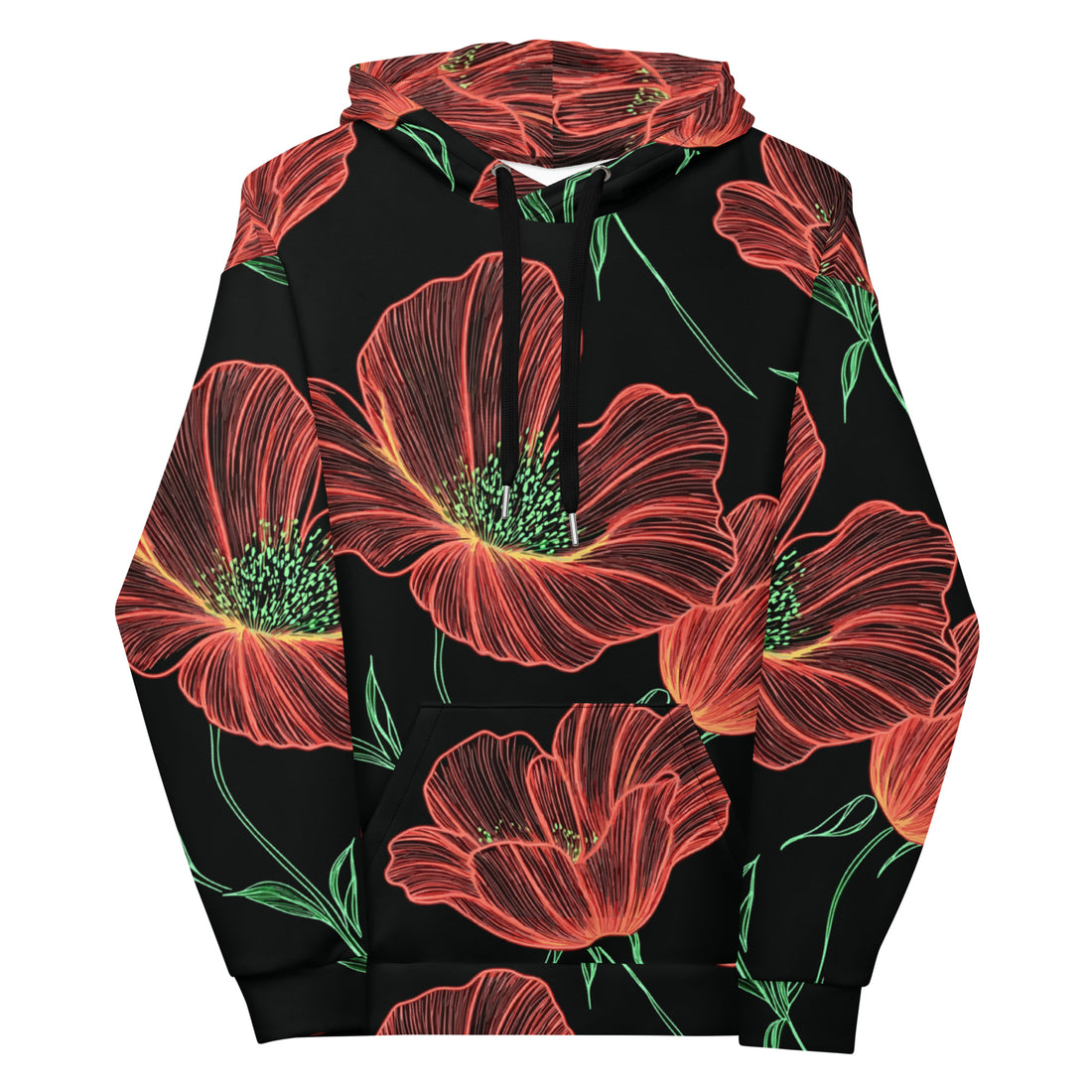 A woman wearing a floral vintage print unisex hoodie with red flowers on a black background, paired with a navy pleated skirt.