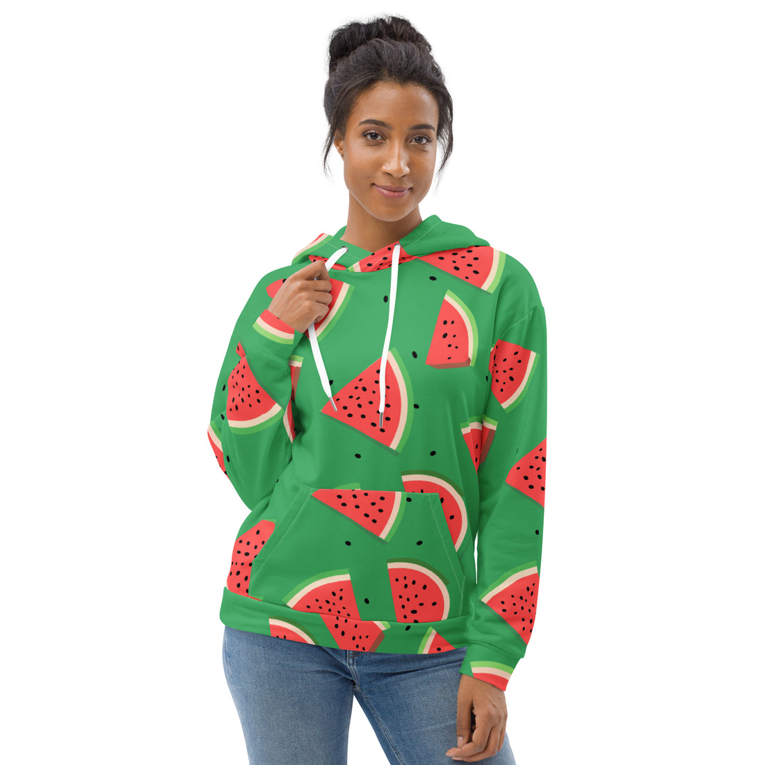 Vibrant watermelon print unisex hoodie displayed on a model, featuring a bright green background and red watermelon slices.