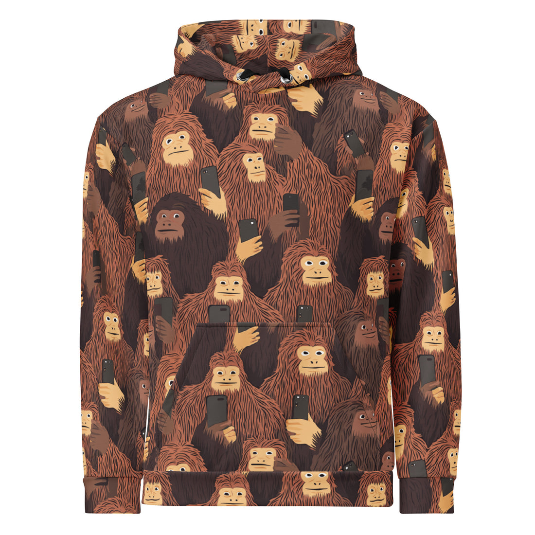 Halloween-inspired unisex hoodie featuring playful Bigfoot characters on a warm background.