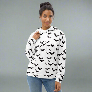 Halloween bat print hoodie for women with a soft brushed fleece interior, featuring a vibrant bat design on a white background.