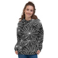 Black hoodie with spiderweb print, perfect for Halloween.