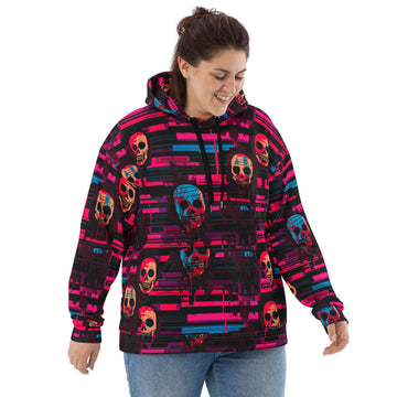 Bold skull print hoodie featuring vibrant skulls on black fabric.