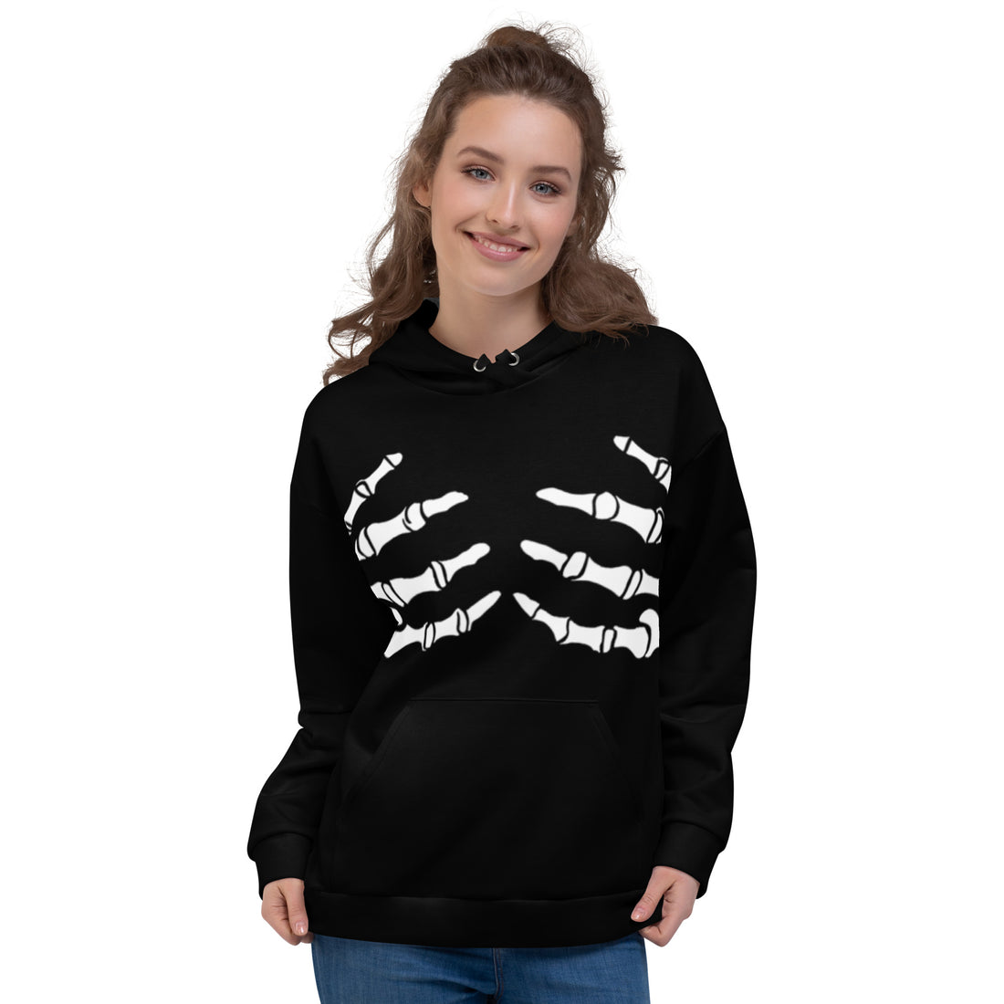 Black hoodie with white skeleton hands print, perfect for Halloween.