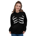 Black hoodie with white skeleton hands print, perfect for Halloween.