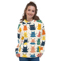 Cozy Halloween monster print hoodie with vibrant monster designs for women, made in USA.