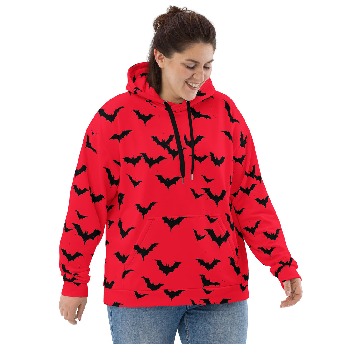 Vibrant red hoodie with black bat print, designed for women, featuring a cozy fit for Halloween.