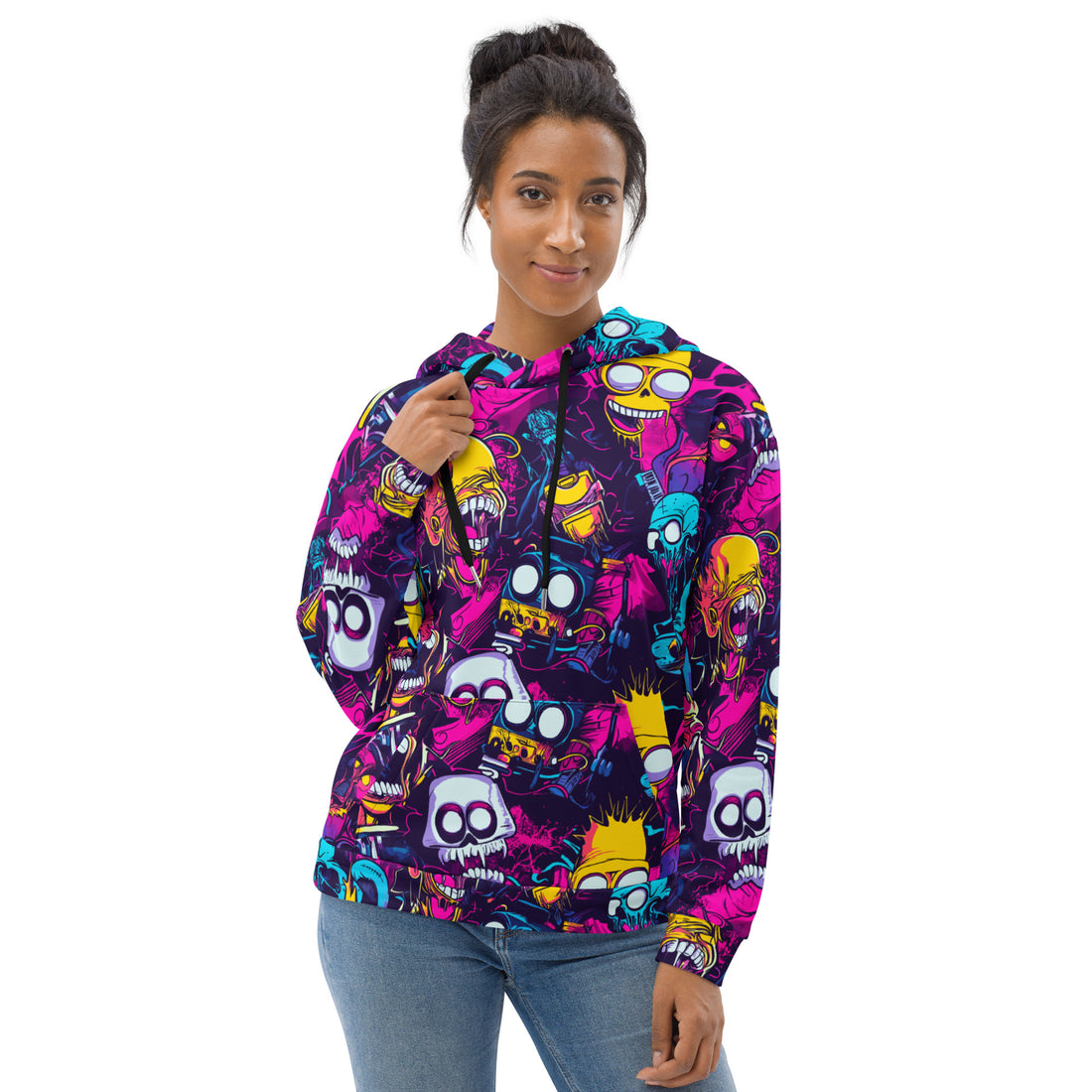 Colorful Halloween skull print hoodie for women, featuring vibrant designs on soft fabric.