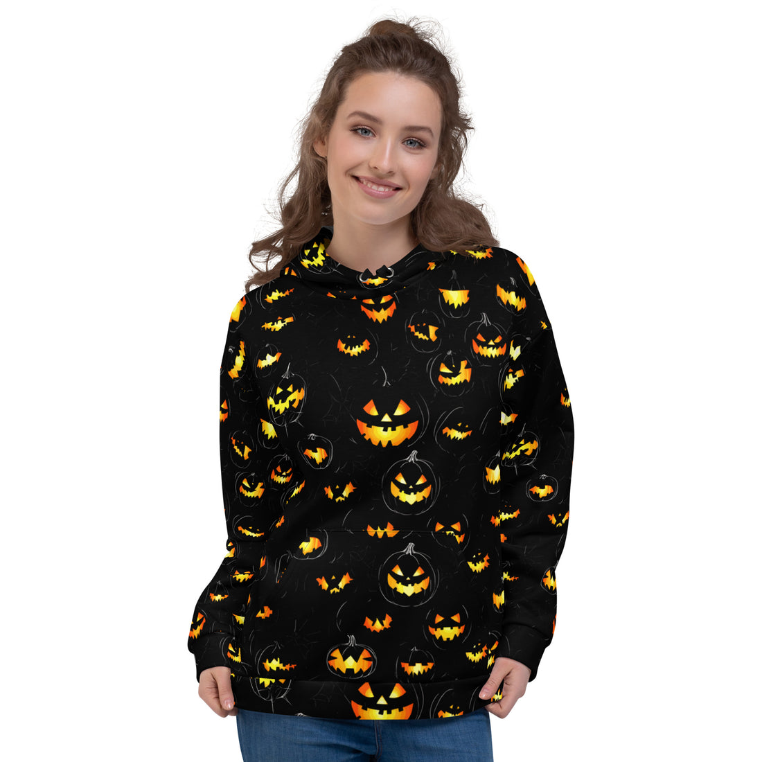 Women's Halloween themed pumpkin print hoodie with vibrant design and black background.