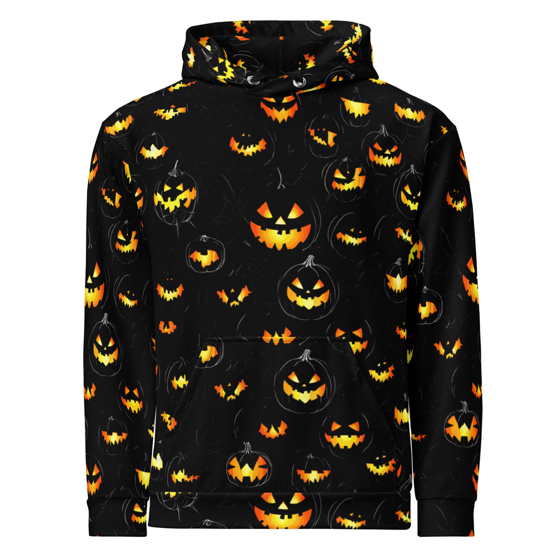 Women's Halloween themed pumpkin print hoodie with vibrant design and black background.