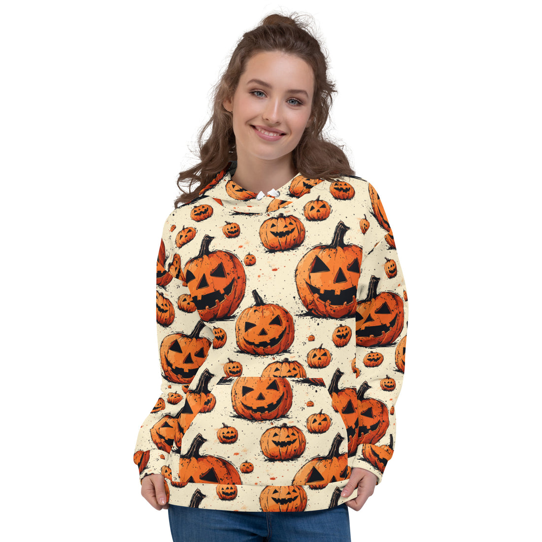 Halloween themed women's hoodie with vibrant pumpkin prints, soft fabric, and cozy fleece inside.