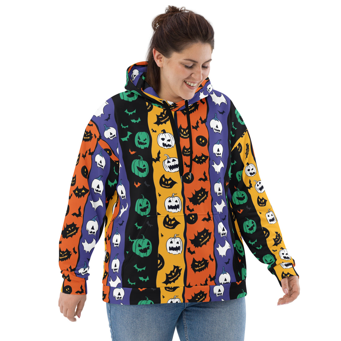 Vibrant Halloween Graphic Hoodie for women featuring spooky designs like pumpkins, ghosts, and bats on a multi-colored background.