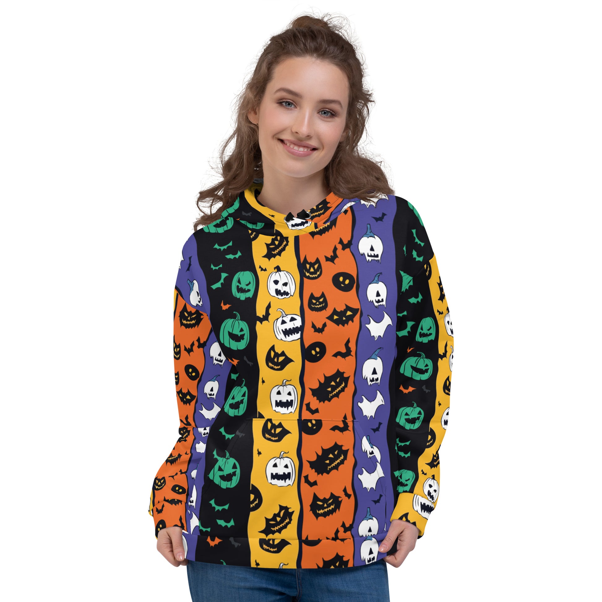 Halloween themed women's hoodie with colorful pumpkin and bat prints.