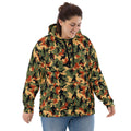 Halloween camouflage hoodie for women featuring Bigfoot and Mothman silhouettes in autumn colors.