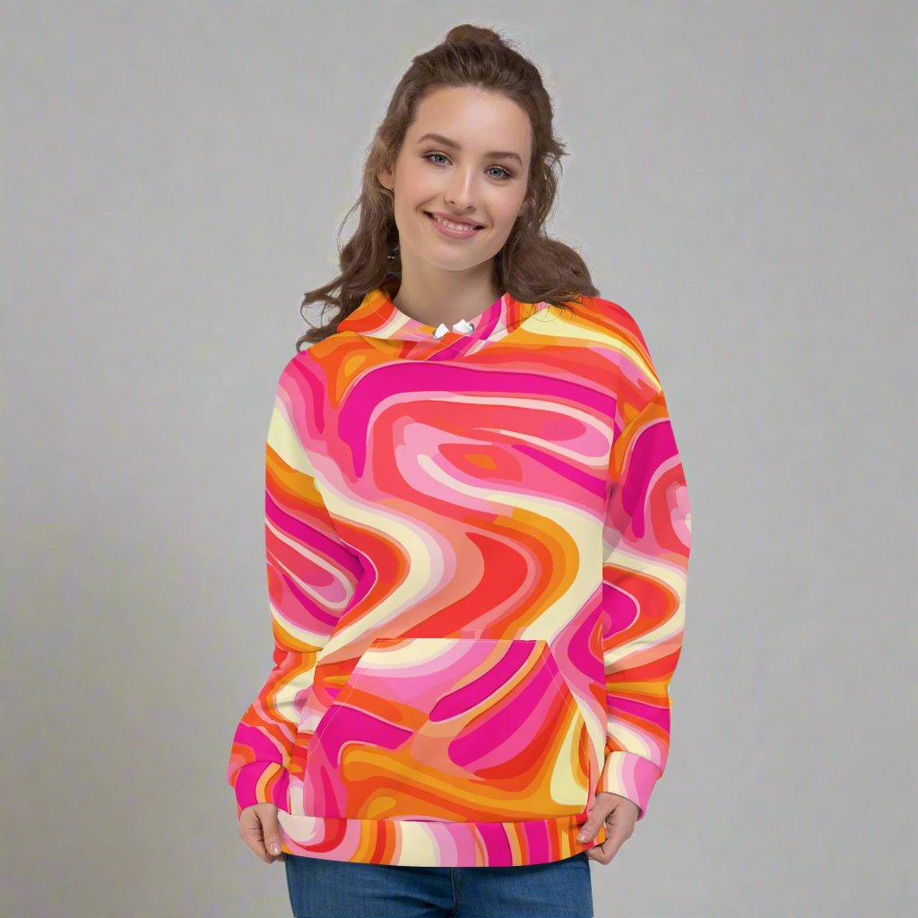 Colorful 70s Groove Psychedelic Hoodie for women featuring wavy patterns in pink and orange shades, perfect for cozy evenings.