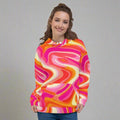 Colorful 70s Groove Psychedelic Hoodie for women featuring wavy patterns in pink and orange shades, perfect for cozy evenings.